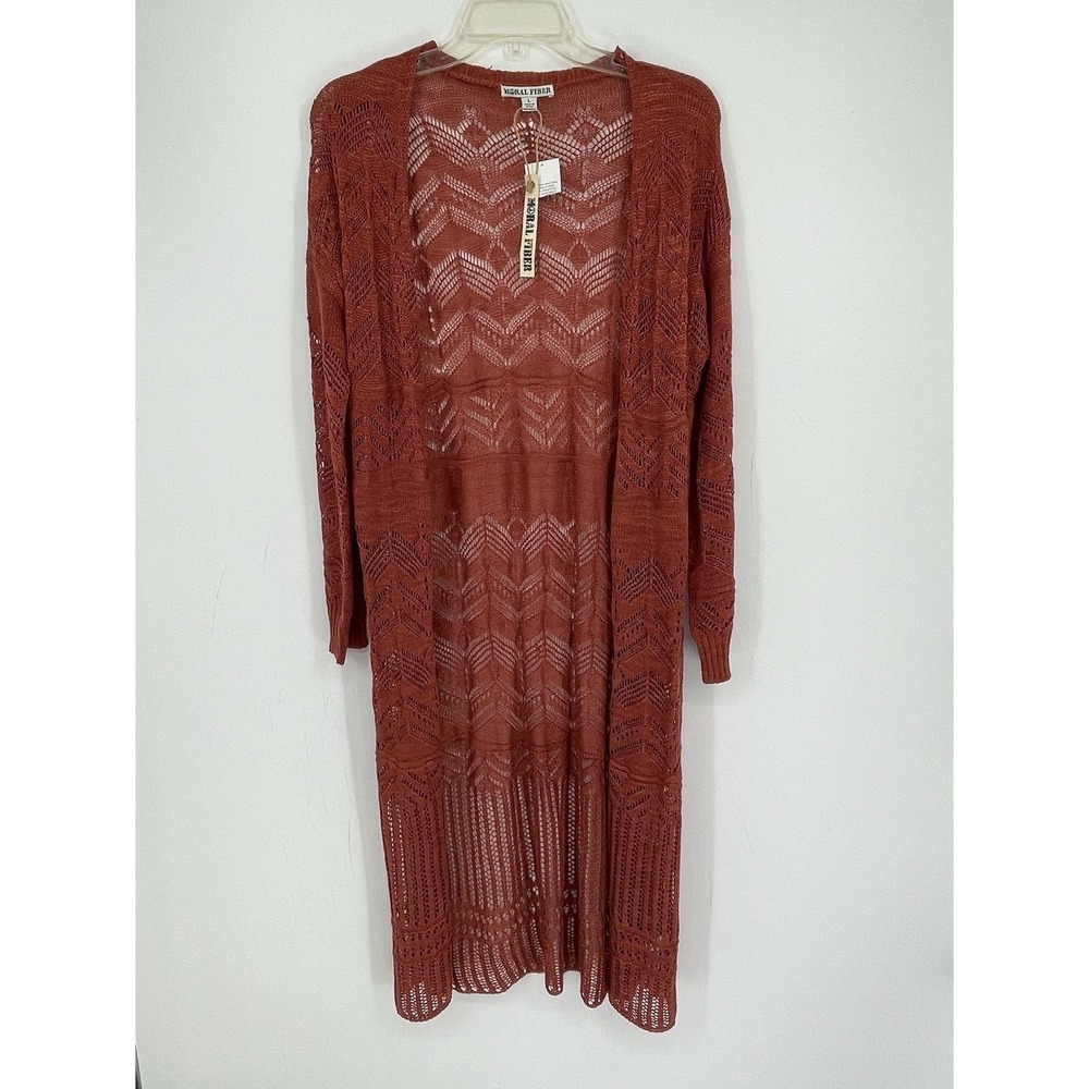 Moral Fiber NWT Women's Rust Chevron Crochet Open Front Duster Cardigan Size L